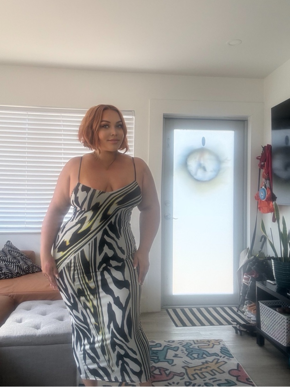 AFRM Zebra-Print Spaghetti-Strap Midi Dress in Black, White & Yellow